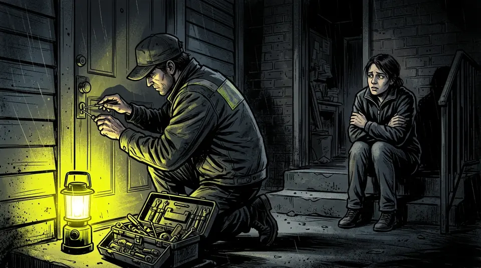 Ilustración de cómic: de noche, un cerrajero arrodillado abre la cerradura de una puerta junto a su caja de herramientas mientras la dueña de la casa espera sentada en los escalones.