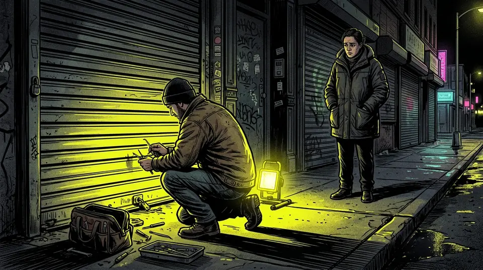 Ilustración de cómic: de noche, un cerrajero agachado repara la cerradura inferior de la persiana metálica de un comercio mientras el dueño espera en la acera.